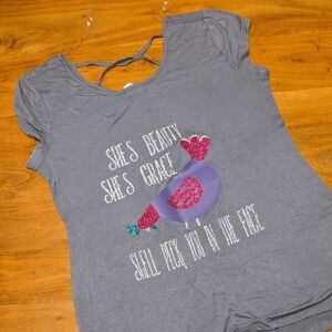 No Boundaries Gray Short Sleeve Tee with Pink & Purple Bird Accent